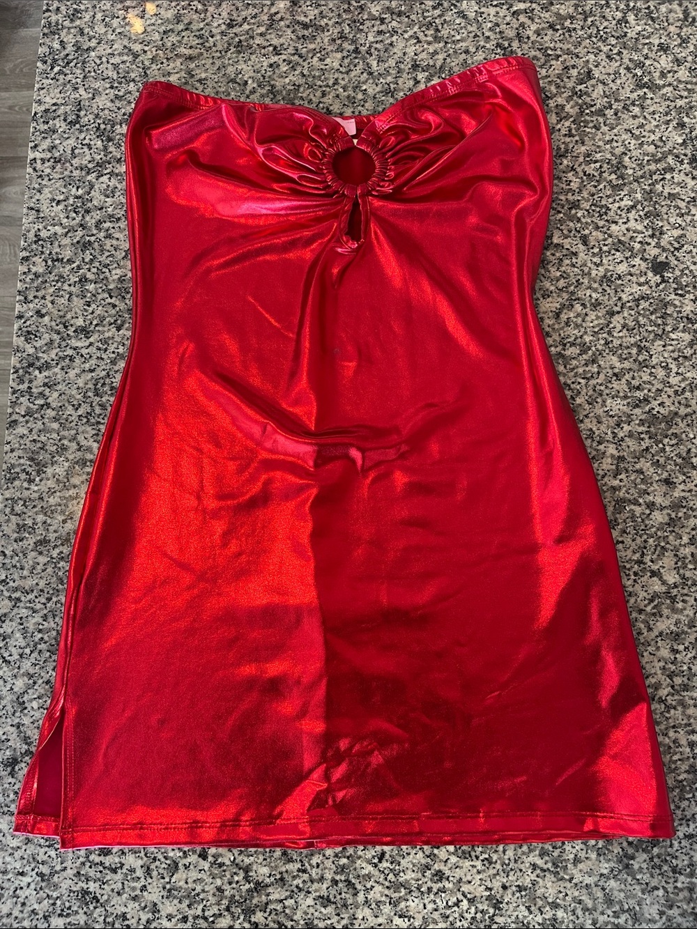 Shiny Red Strapless Mini Dress with Ring Detail